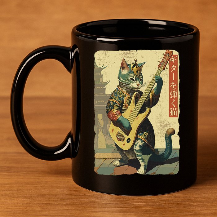Japanese Cat Princess Playing The Electric Guitar 11oz C Handle Ceramic Mug