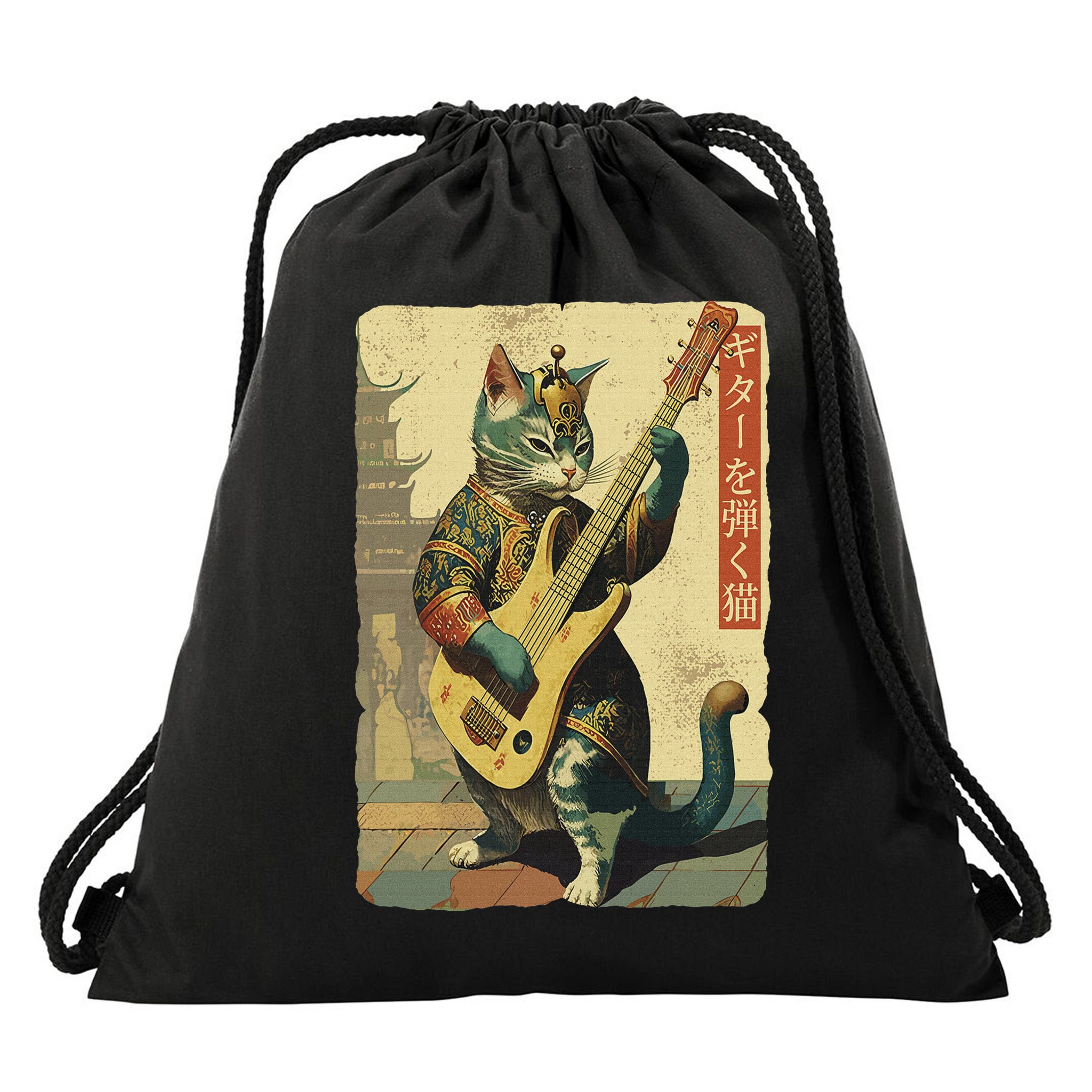 Japanese Cat Princess Playing The Electric Guitar Drawstring Bag