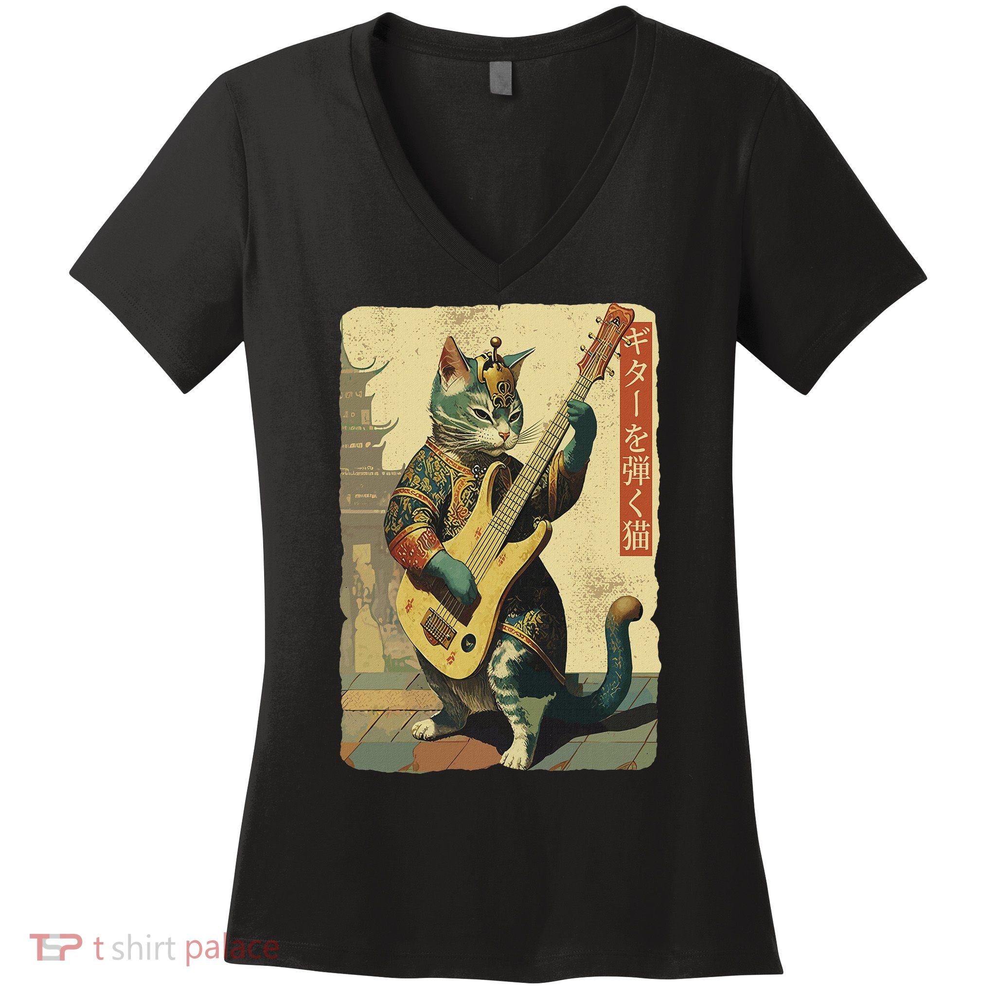 Japanese Cat Princess Playing The Electric Guitar Women's V-Neck T-Shirt
