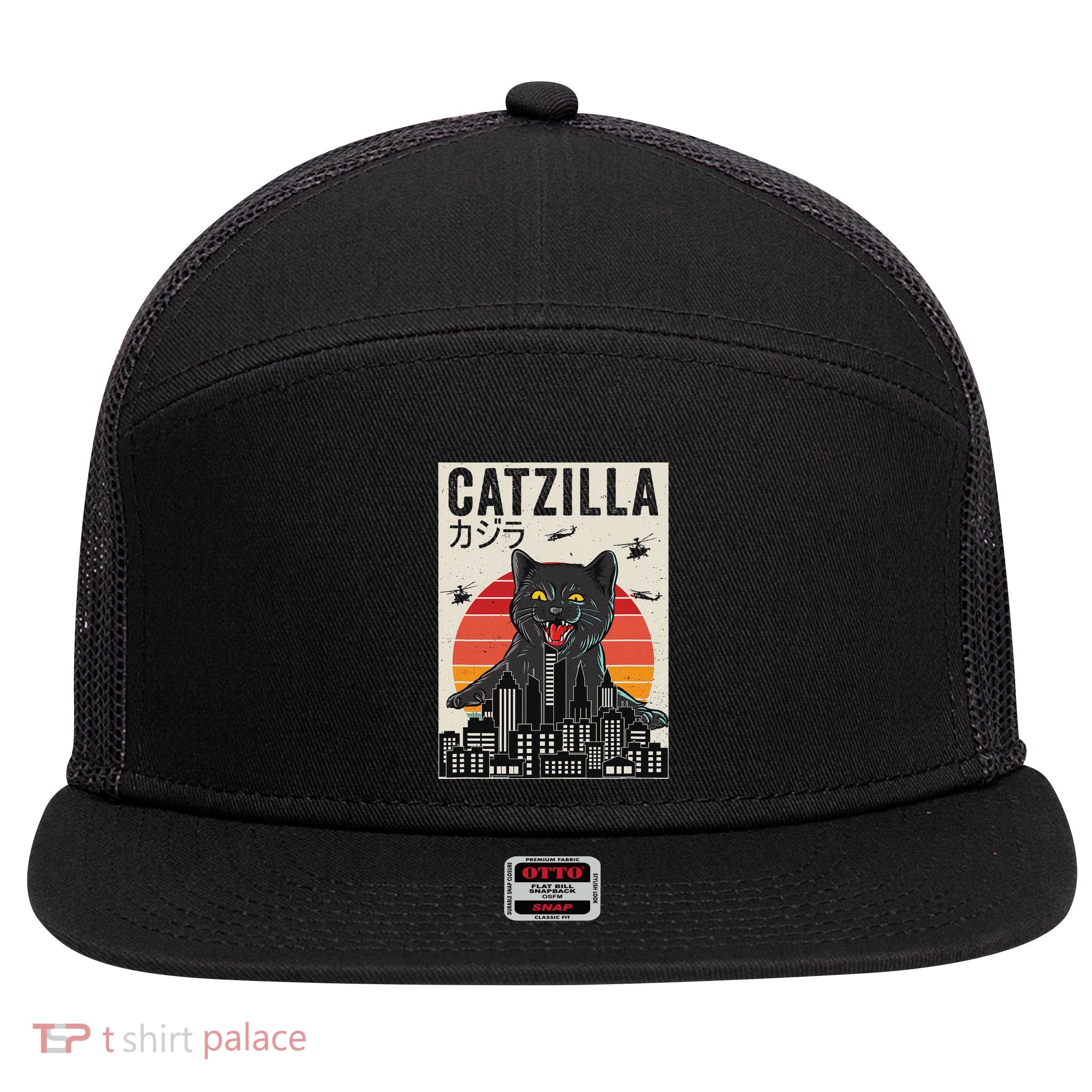 Japanese Catzilla Retro Anime Cat 7 Panel Mesh Trucker Snapback Hat