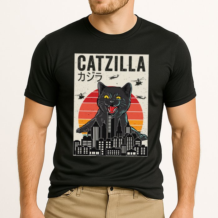 Japanese Catzilla Retro Anime Cat Cooling Performance Crew T-Shirt