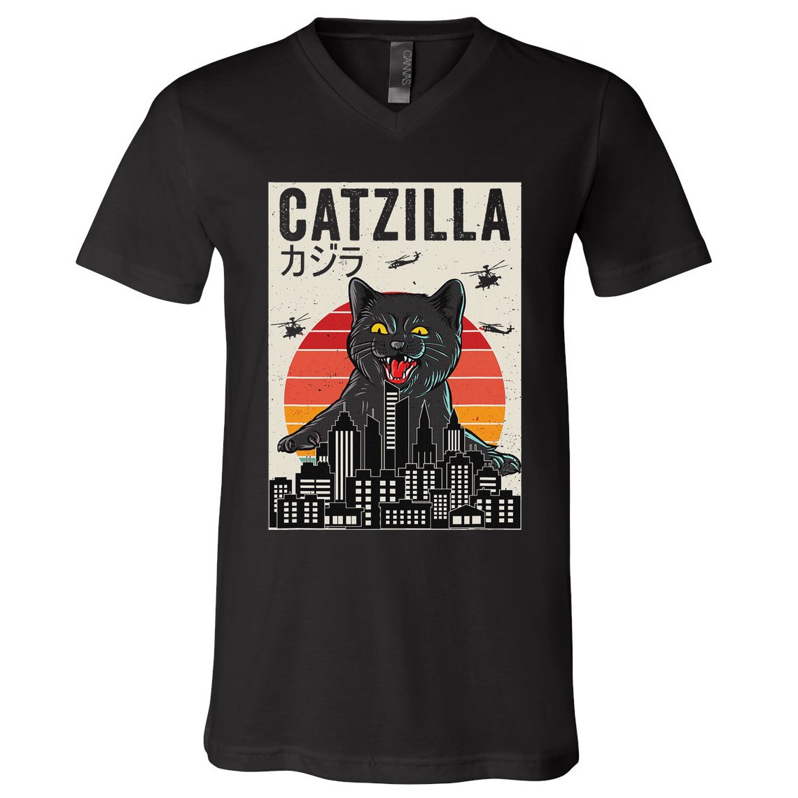 Japanese Catzilla Retro Anime Cat V-Neck T-Shirt