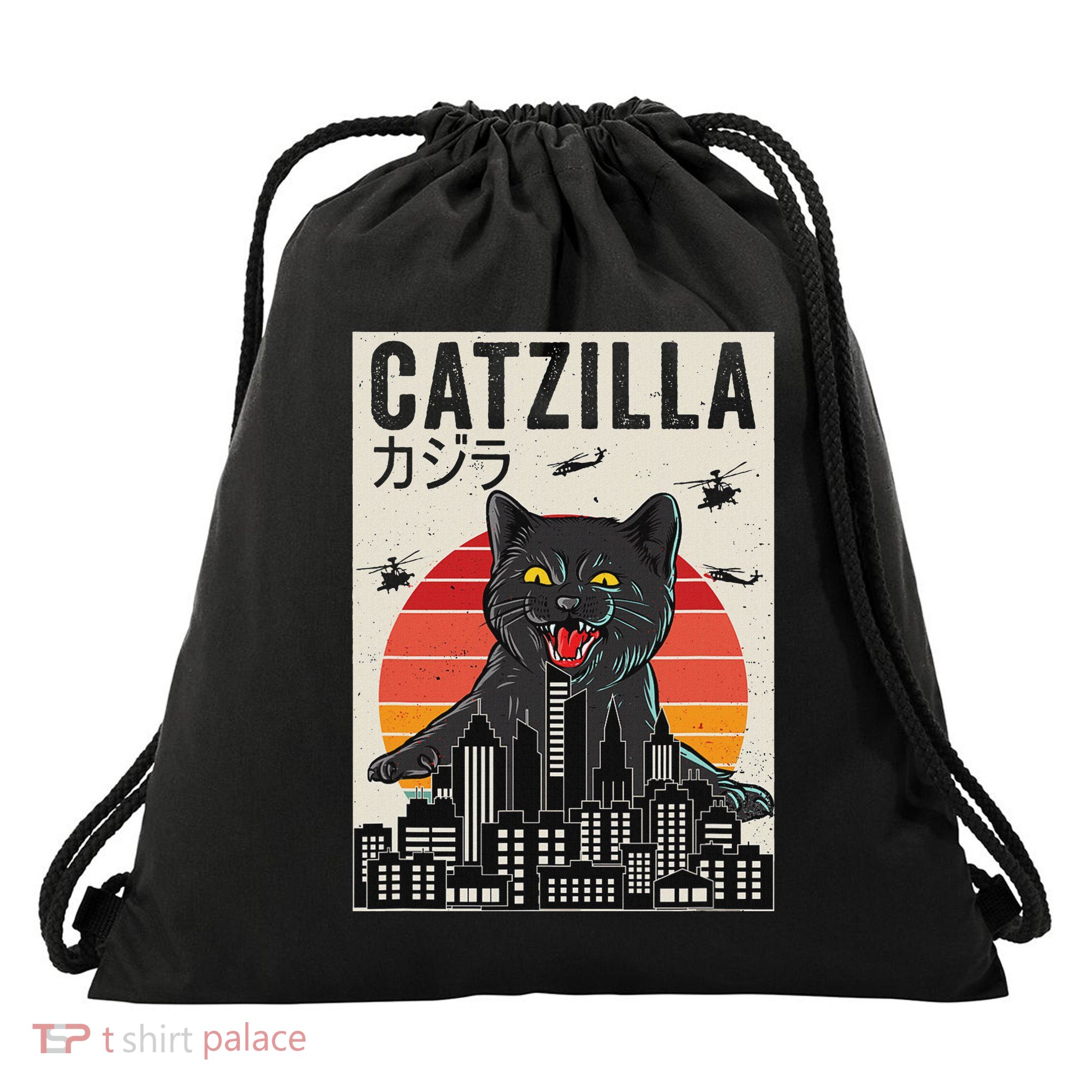 Japanese Catzilla Retro Anime Cat Drawstring Bag