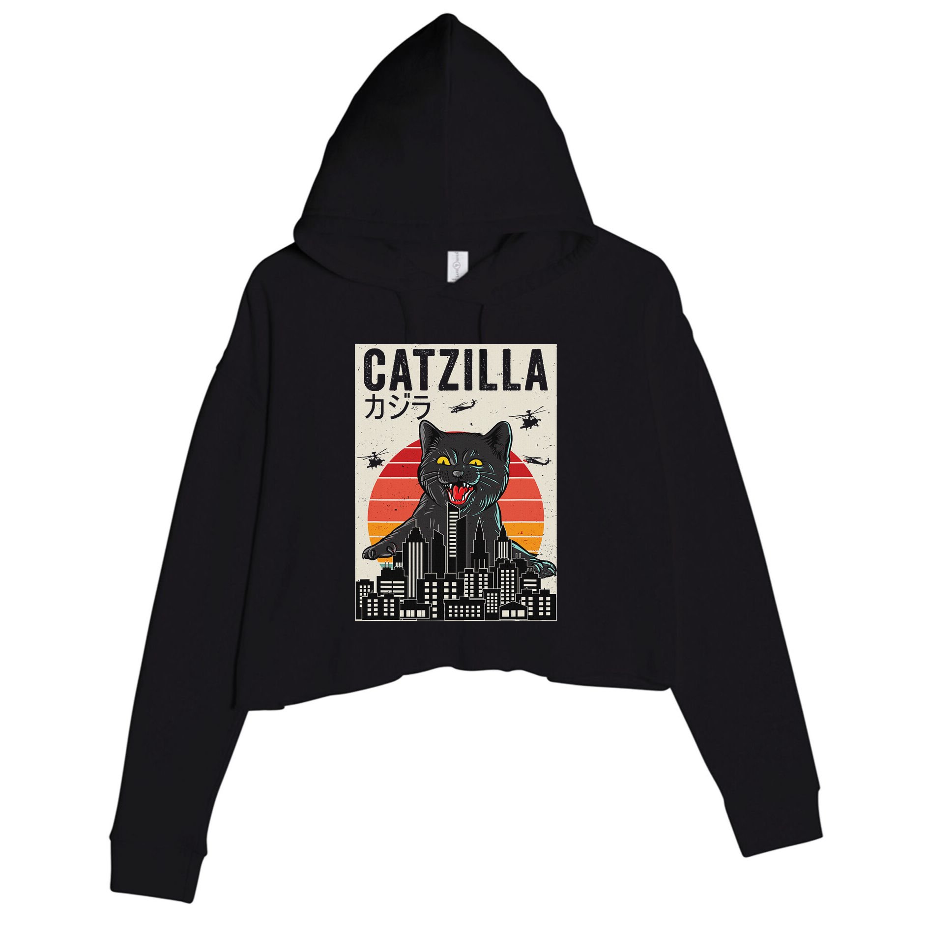 Japanese Catzilla Retro Anime Cat Crop Fleece Hoodie
