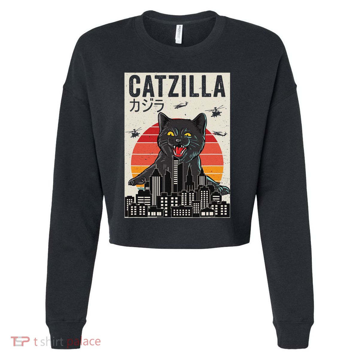 Japanese Catzilla Retro Anime Cat Cropped Pullover Crew