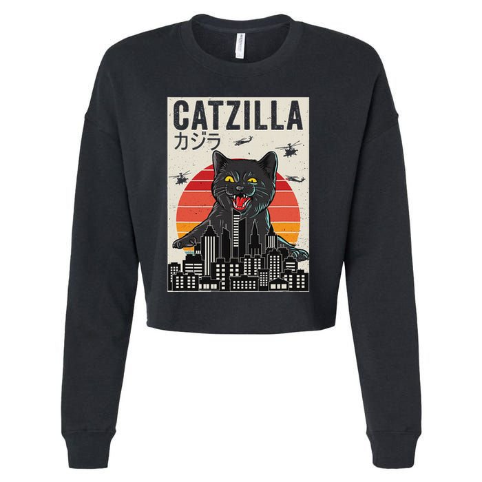 Japanese Catzilla Retro Anime Cat Cropped Pullover Crew