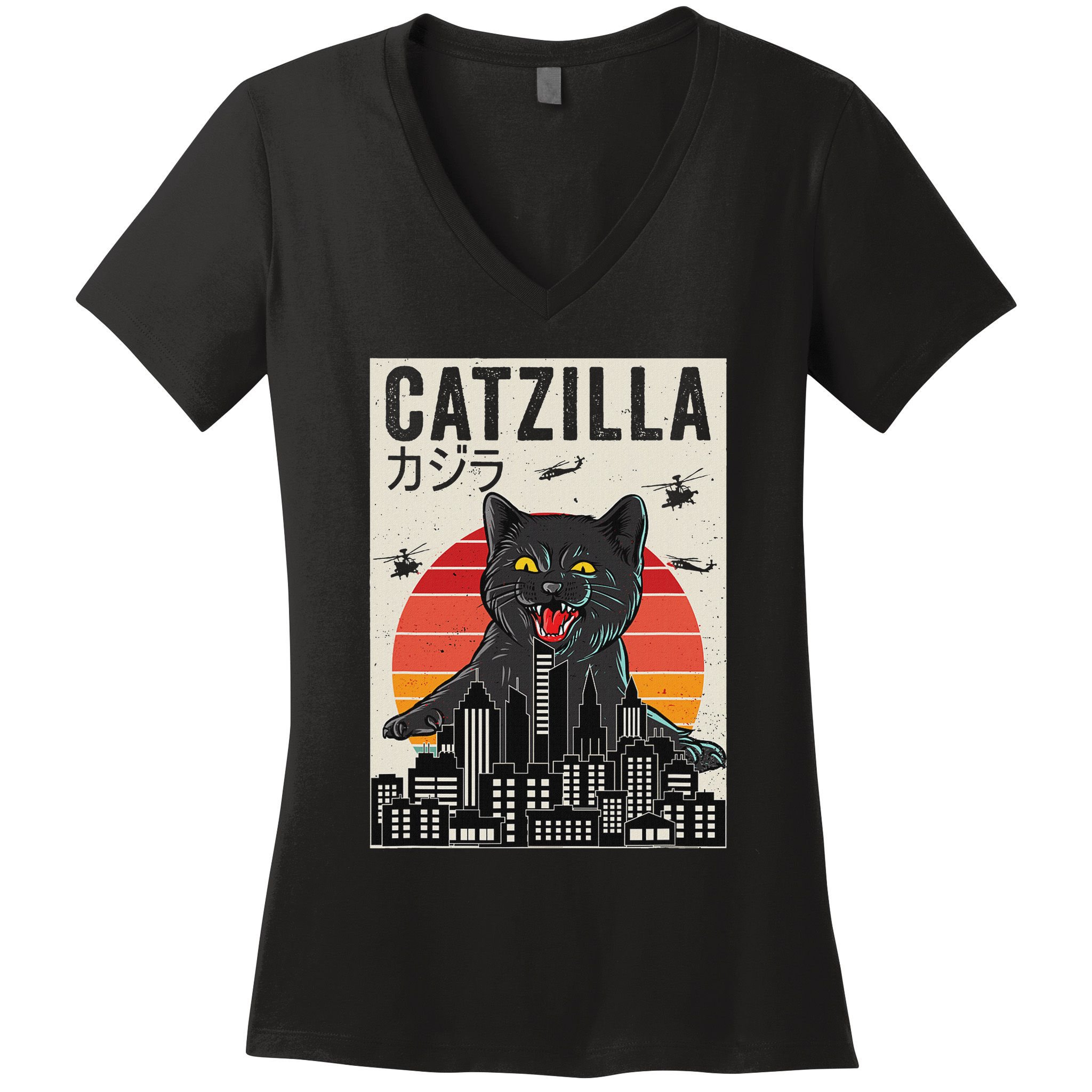 Japanese Catzilla Retro Anime Cat Women's V-Neck T-Shirt