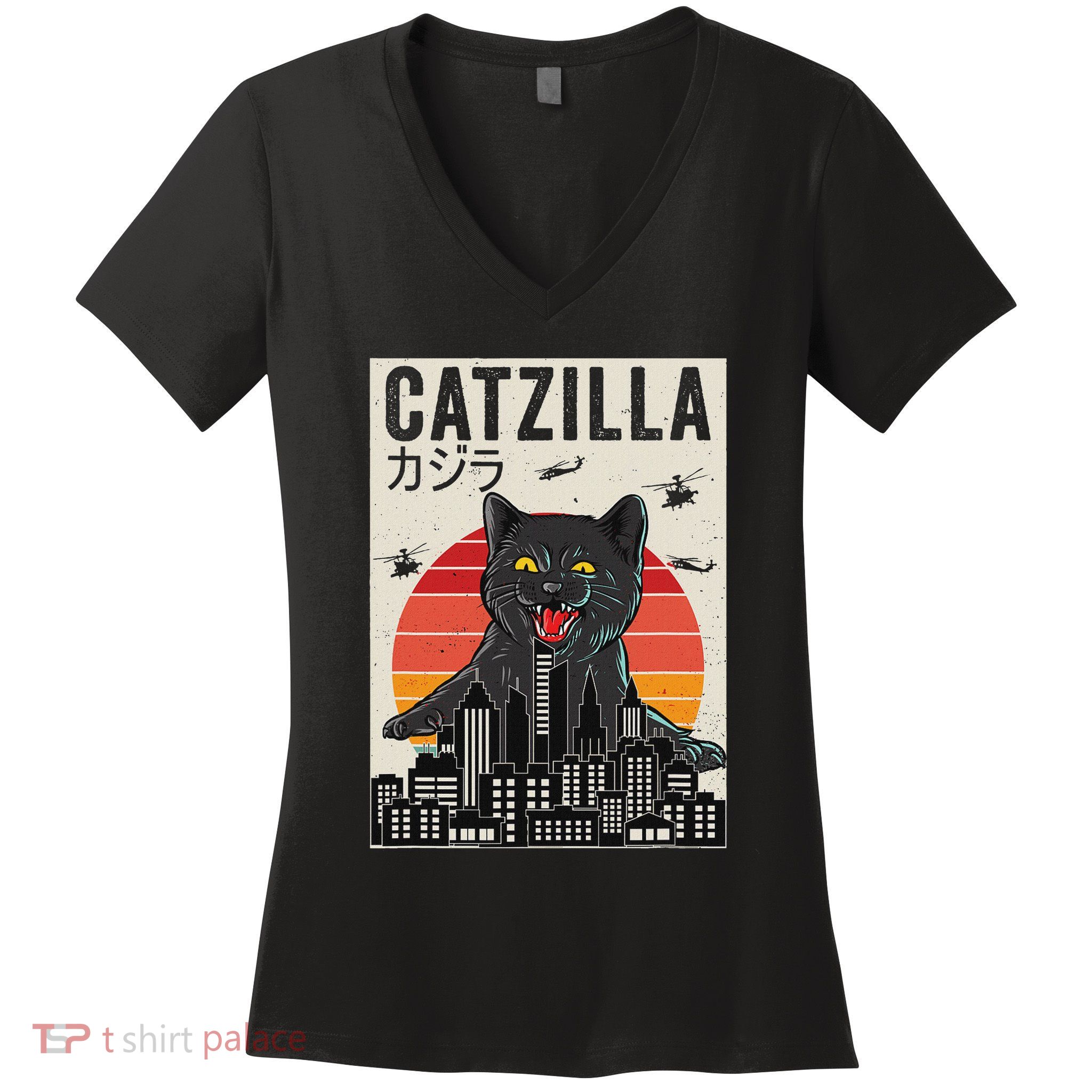 Japanese Catzilla Retro Anime Cat Women's V-Neck T-Shirt