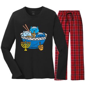 Jewish Cats Ramen Kitten Anime Hanukkah Pajamas Chanukah Women's Long Sleeve Flannel Pajama Set 