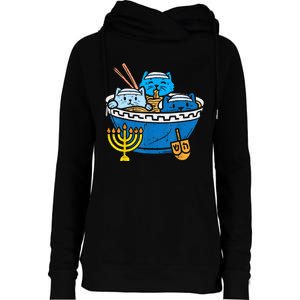 Jewish Cats Ramen Kitten Anime Hanukkah Pajamas Chanukah Womens Funnel Neck Pullover Hood