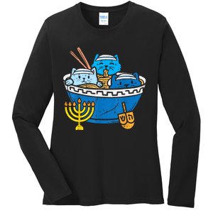 Jewish Cats Ramen Kitten Anime Hanukkah Pajamas Chanukah Ladies Long Sleeve Shirt