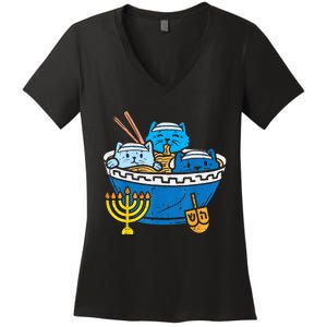 Jewish Cats Ramen Kitten Anime Hanukkah Pajamas Chanukah Women's V-Neck T-Shirt