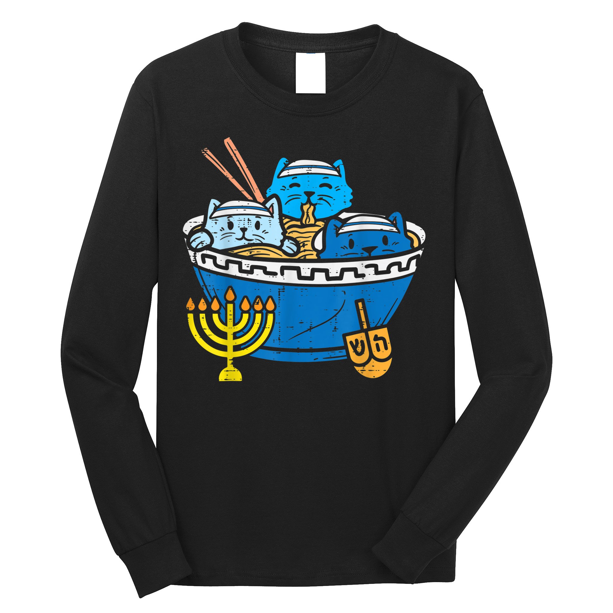 Jewish Cats Ra Kitten Anime Happy Hanukkah Pajamas Chanukah PJs Long Sleeve Shirt