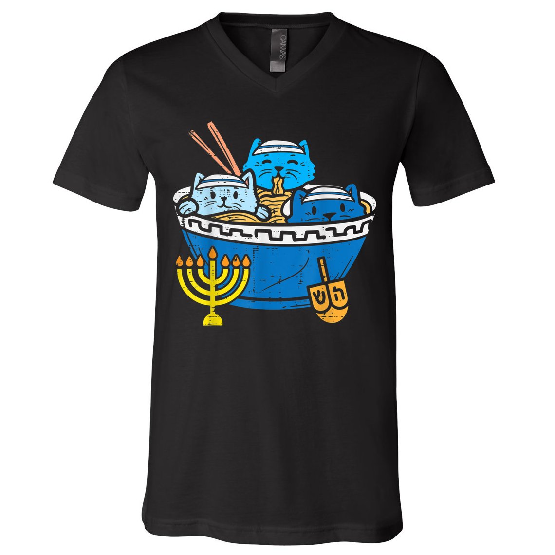 Jewish Cats Ra Kitten Anime Happy Hanukkah Pajamas Chanukah PJs V-Neck T-Shirt