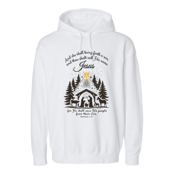 Jesus Christmas She Shall Bring Forth A Son Nativity Scene Garment-Dyed Fleece Hoodie