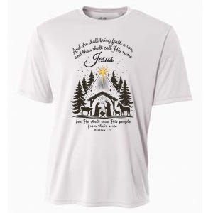 Jesus Christmas She Shall Bring Forth A Son Nativity Scene Cooling Performance Crew T-Shirt