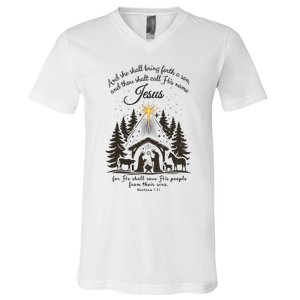 Jesus Christmas She Shall Bring Forth A Son Nativity Scene V-Neck T-Shirt