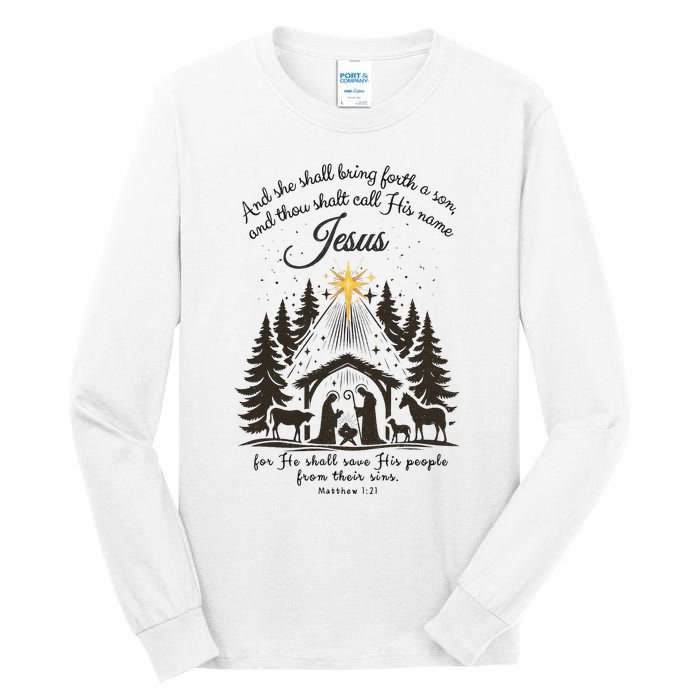 Jesus Christmas She Shall Bring Forth A Son Nativity Scene Tall Long Sleeve T-Shirt