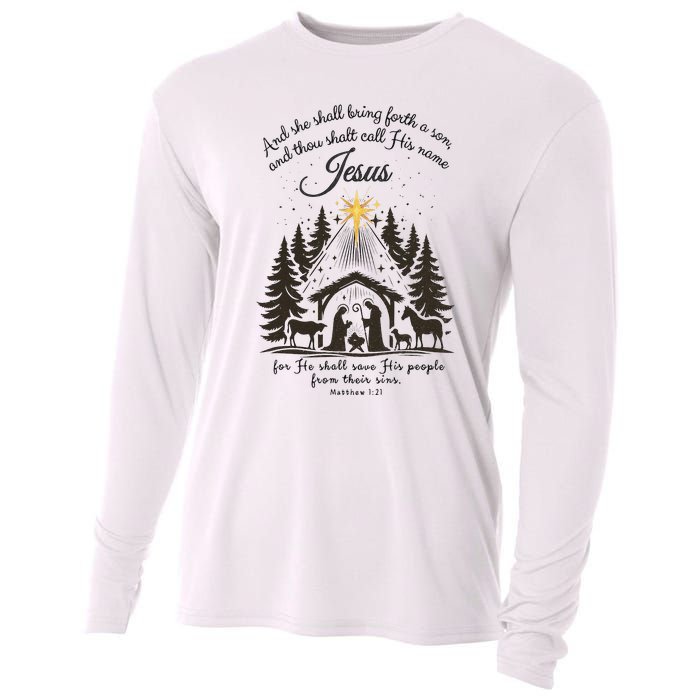 Jesus Christmas She Shall Bring Forth A Son Nativity Scene Cooling Performance Long Sleeve Crew