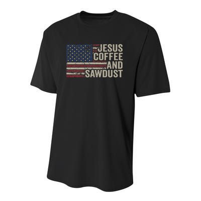 Jesus Coffee & Sawdust Christian Carpenter Woodworking Usa Youth Performance Sprint T-Shirt