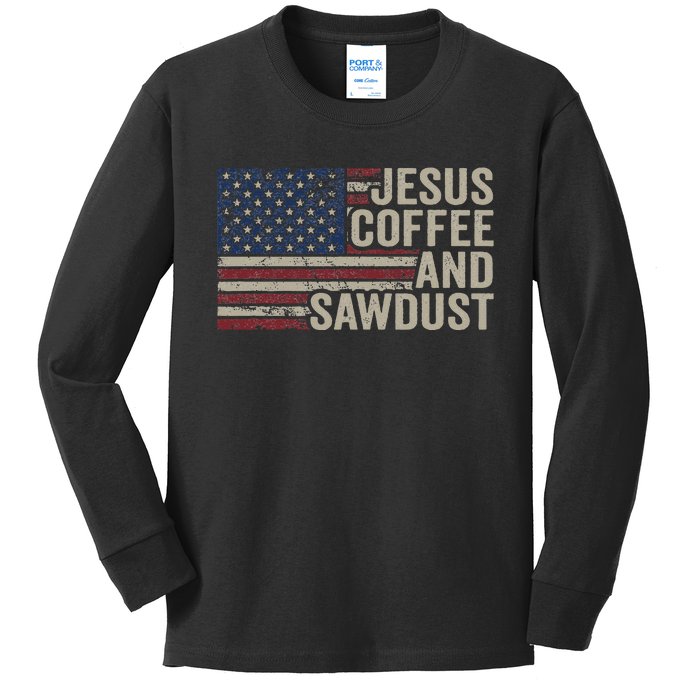 Jesus Coffee & Sawdust Christian Carpenter Woodworking Usa Kids Long Sleeve Shirt