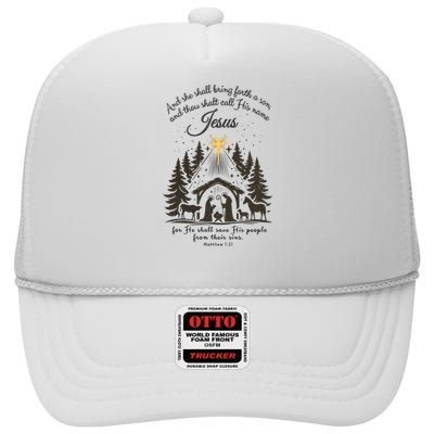 Jesus Christmas She Shall Bring Forth A Son Nativity Scene High Crown Mesh Back Trucker Hat