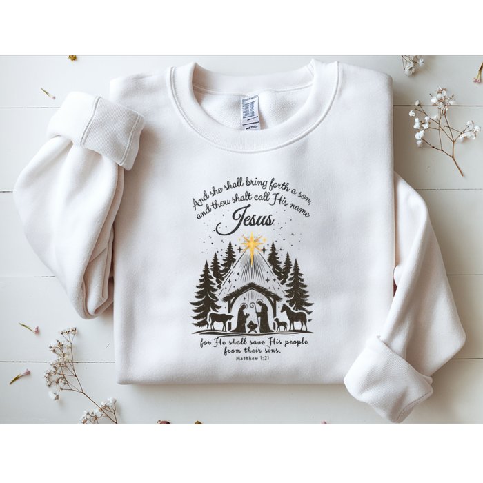 Jesus Christmas She Shall Bring Forth A Son Nativity Scene Sweatshirt
