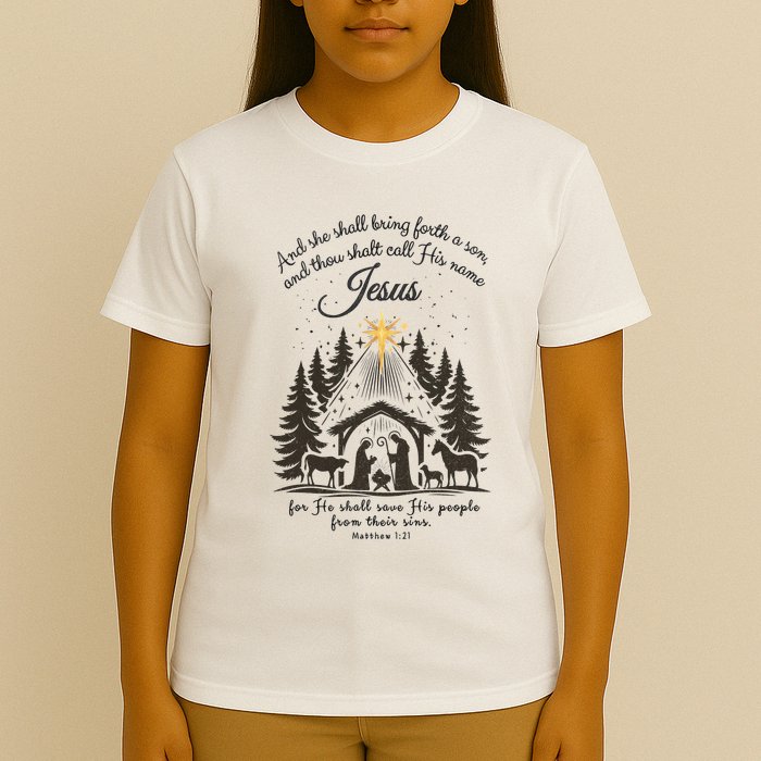 Jesus Christmas She Shall Bring Forth A Son Nativity Scene T-Shirt