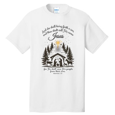 Jesus Christmas She Shall Bring Forth A Son Nativity Scene Tall T-Shirt