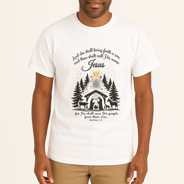 Jesus Christmas She Shall Bring Forth A Son Nativity Scene Tall T-Shirt