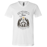 Jesus Christmas She Shall Bring Forth A Son Nativity Scene V-Neck T-Shirt