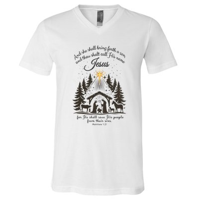 Jesus Christmas She Shall Bring Forth A Son Nativity Scene V-Neck T-Shirt