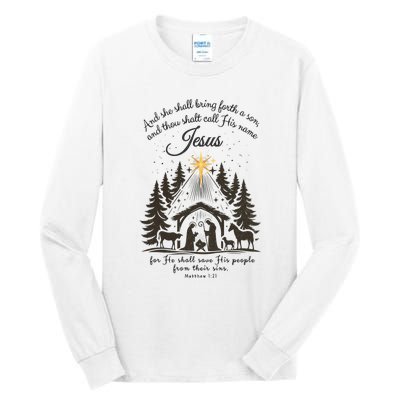 Jesus Christmas She Shall Bring Forth A Son Nativity Scene Tall Long Sleeve T-Shirt