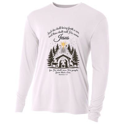 Jesus Christmas She Shall Bring Forth A Son Nativity Scene Cooling Performance Long Sleeve Crew