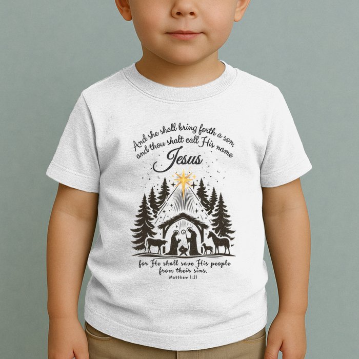 Jesus Christmas She Shall Bring Forth A Son Nativity Scene Toddler T-Shirt