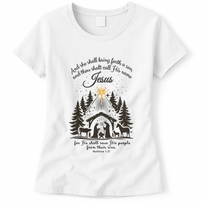 Jesus Christmas She Shall Bring Forth A Son Nativity Scene Womens T-Shirt