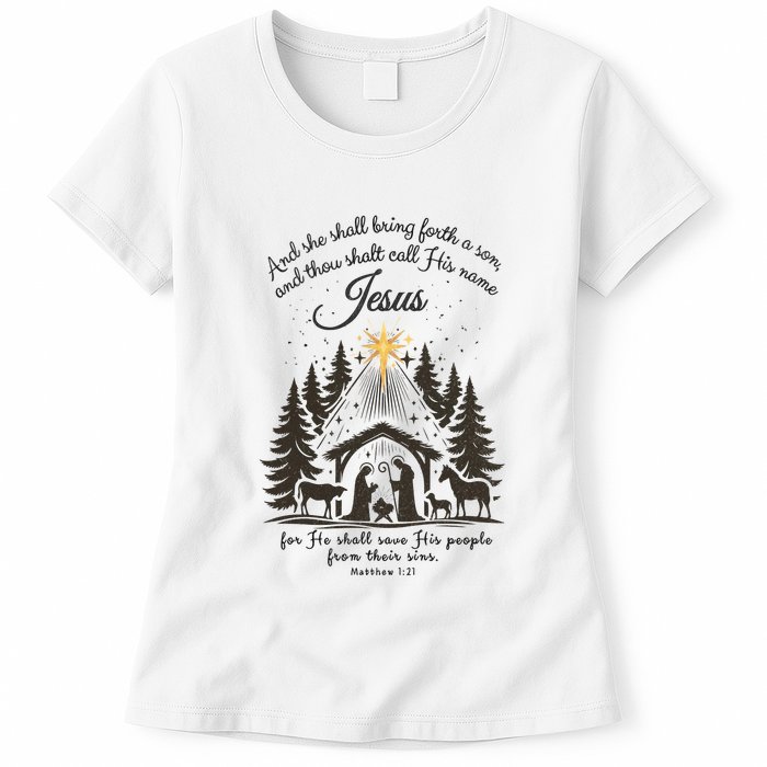 Jesus Christmas She Shall Bring Forth A Son Nativity Scene Womens T-Shirt