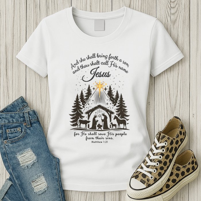 Jesus Christmas She Shall Bring Forth A Son Nativity Scene Womens T-Shirt
