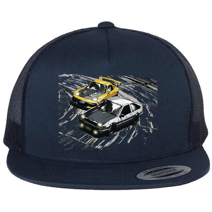 JDM Car Street Drift Race 86 VS FD Anime Style Flat Bill Trucker Hat