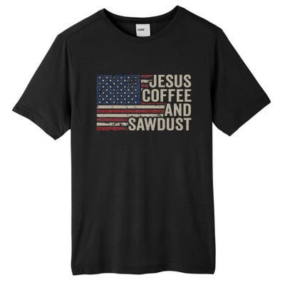 Jesus Coffee & Sawdust Christian Carpenter Woodworking USA Tall Fusion ChromaSoft Performance T-Shirt