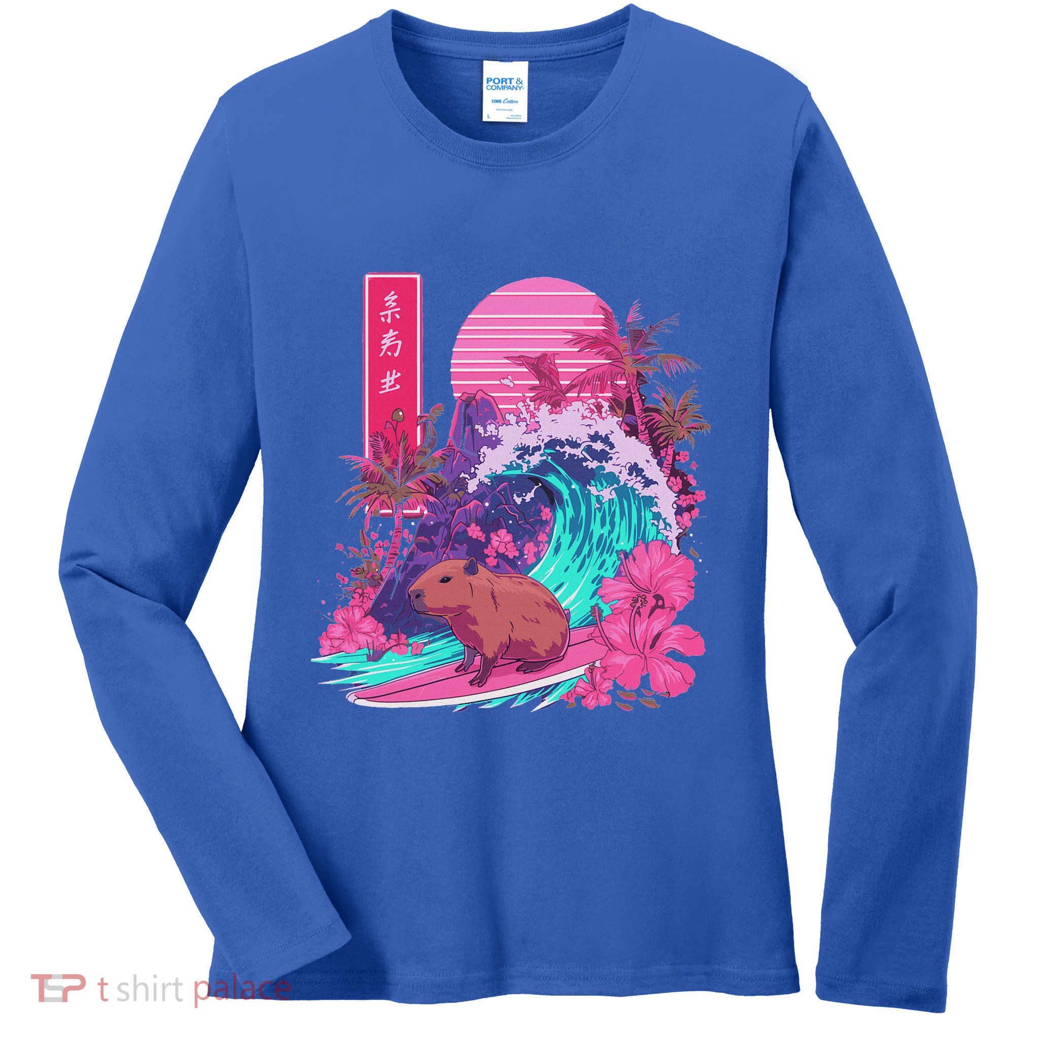 Japanese Capybara Surfing Wave Great Wave Japan Ladies Long Sleeve Shirt