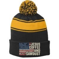 Jesus Coffee Sawdust Christian Carpenter Woodworking USA Stripe Pom Pom Beanie