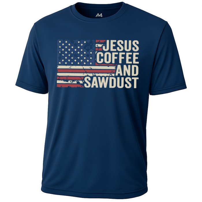 Jesus Coffee Sawdust Christian Carpenter Woodworking USA Cooling Performance Crew T-Shirt