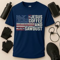 Jesus Coffee Sawdust Christian Carpenter Woodworking USA Cooling Performance Crew T-Shirt