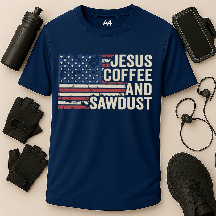 Jesus Coffee Sawdust Christian Carpenter Woodworking USA Cooling Performance Crew T-Shirt