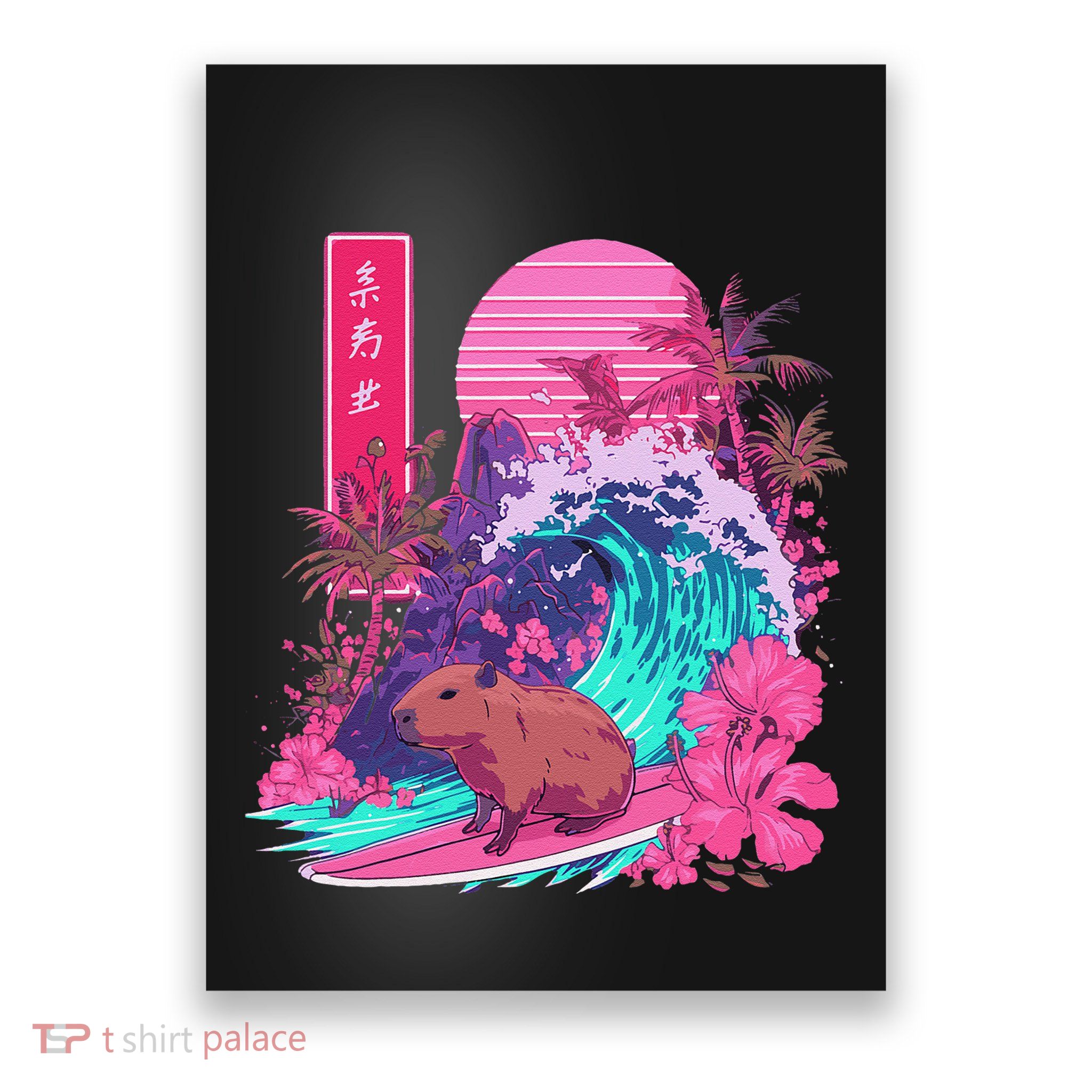 Japanese Capybara Surfing Wave Great Wave Japan Poster