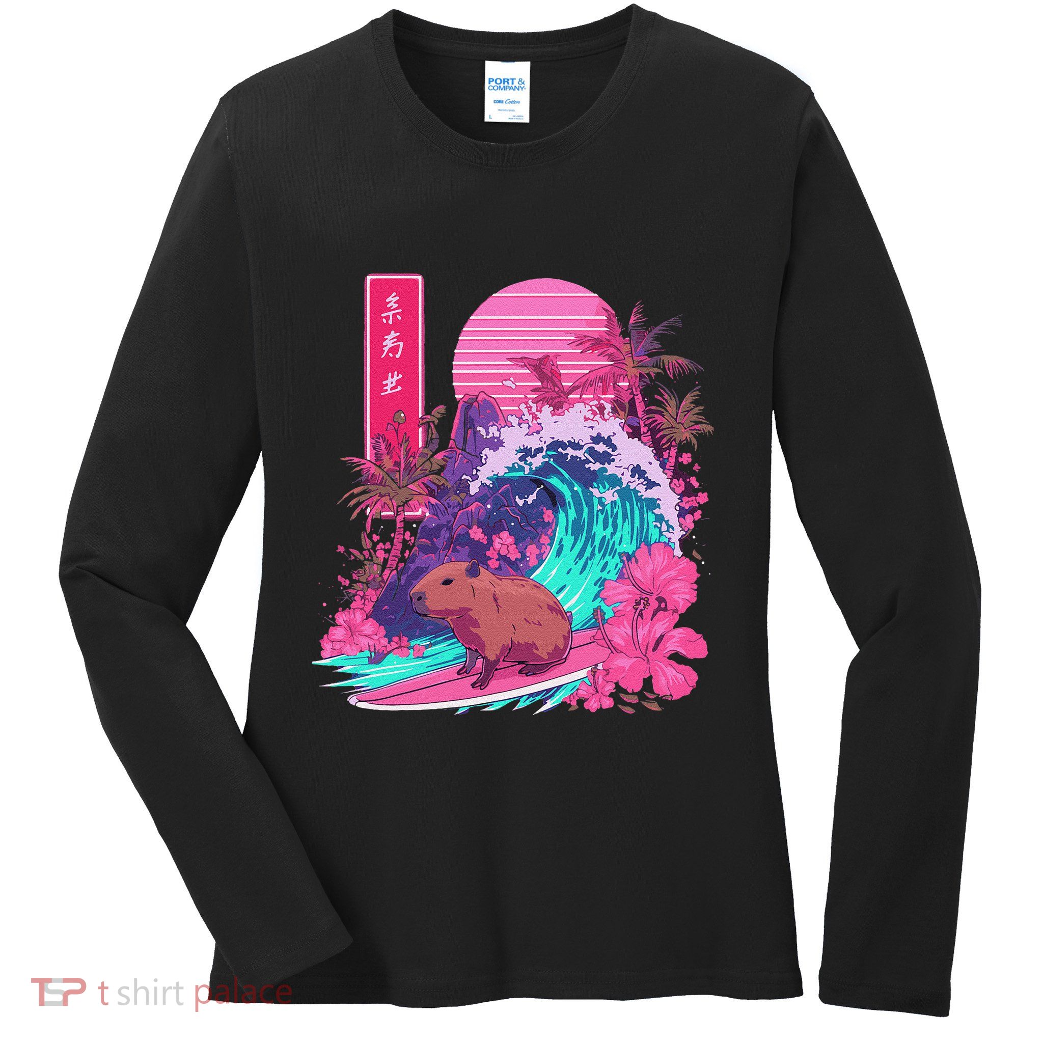Japanese Capybara Surfing Wave Great Wave Japan Ladies Long Sleeve Shirt