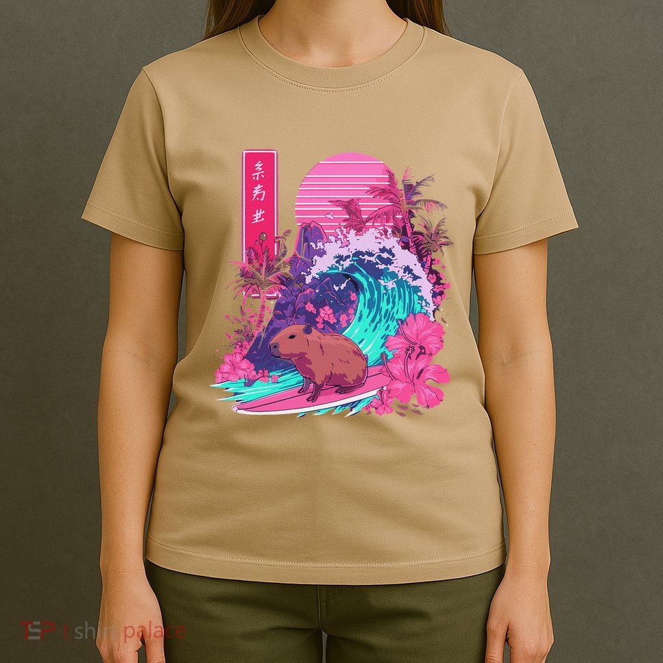 Japanese Capybara Surfing Wave Great Wave Japan T-Shirt