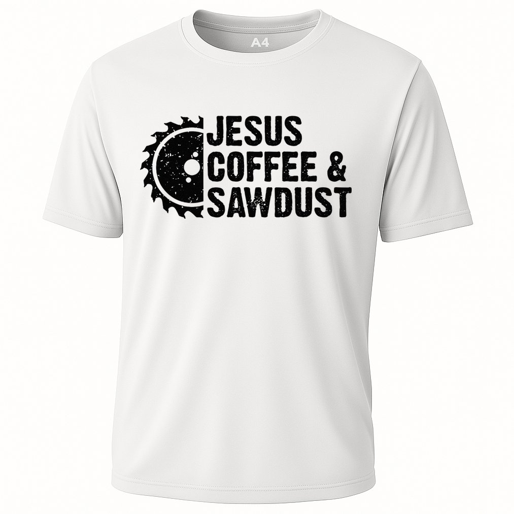 Jesus Coffee & Sawdust Christian Carpenter Woodworking Performance Shirt