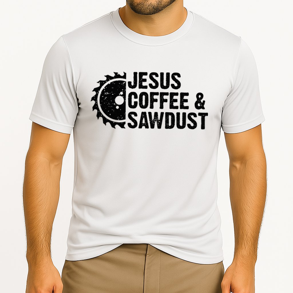 Jesus Coffee & Sawdust Christian Carpenter Woodworking Performance Shirt